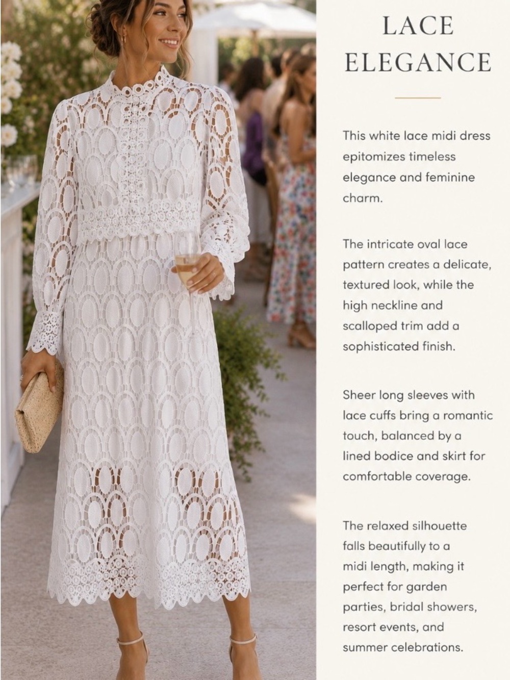 High-Neck White Lace Midi Dress — Timeless Feminine Style